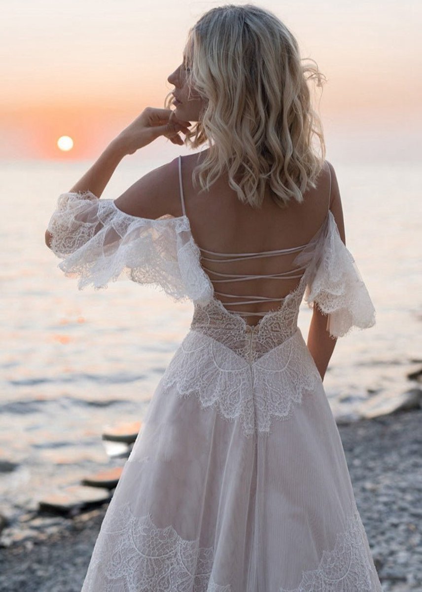 Bohemian Beach Spaghetti Straps Backless Wedding Dresses