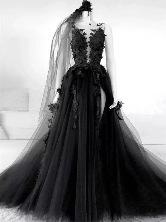Lace Appliques Sleeveless Tulle Backless Wedding Dresses with Veil