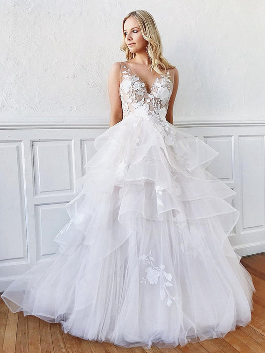 Sleeveless A-line V Neck Backless Floral Lace Appliques Wedding Dresses