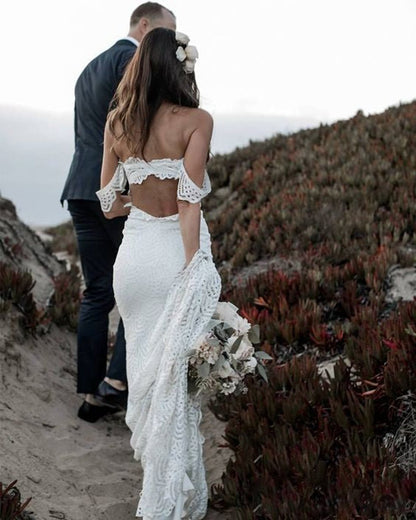 Beach Boho Lace Mermaid Backless Sleeveless Wedding Gowns