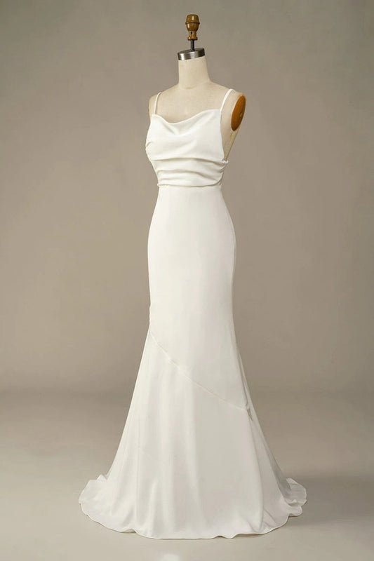 Simple Spaghetti Straps Long Soft Satin Mermaid Beach Wedding Dresses