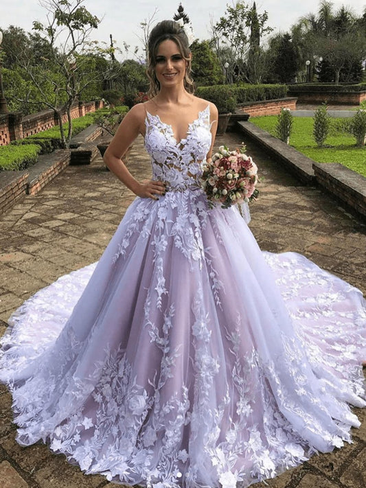 Light Sleeveless A-line V-Neck Lace Wedding Dresses
