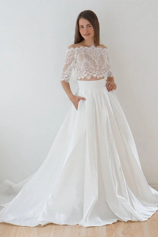 Off-The-Shoulder Lace A-line Satin Two-Piece Wedding Dresses with Sweep Train