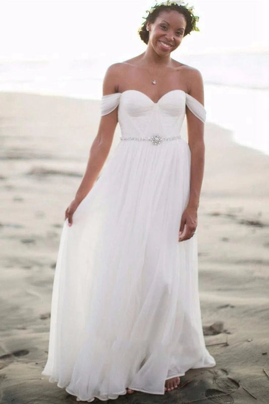 Newest Off the Shoulder Chiffon Wedding Dresses with Beadings