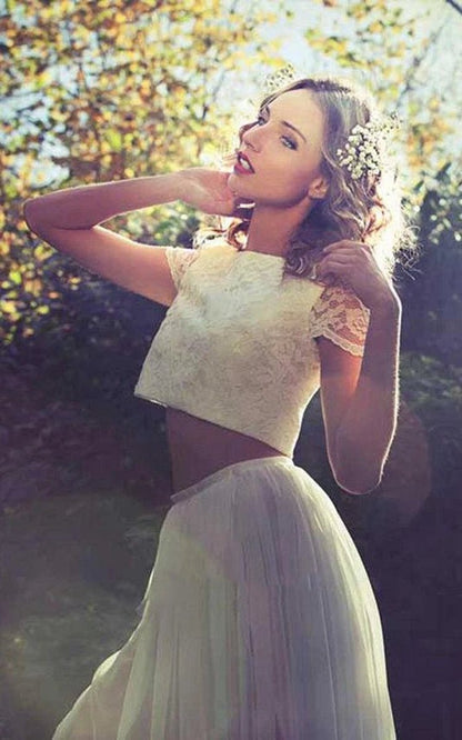 Two Piece Bateau Ankle-Length Chiffon Wedding Dresses with Split Front And Pleats