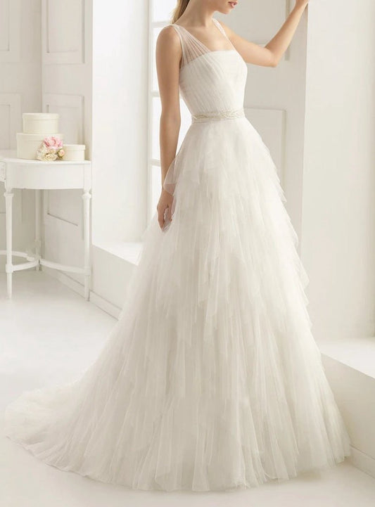 Stunning Top-ruched Layered Gown with Beaded Tulle Straps