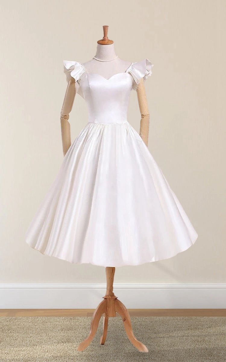 Scalloped Tea-Length Satin Wedding Dresses with Pleats