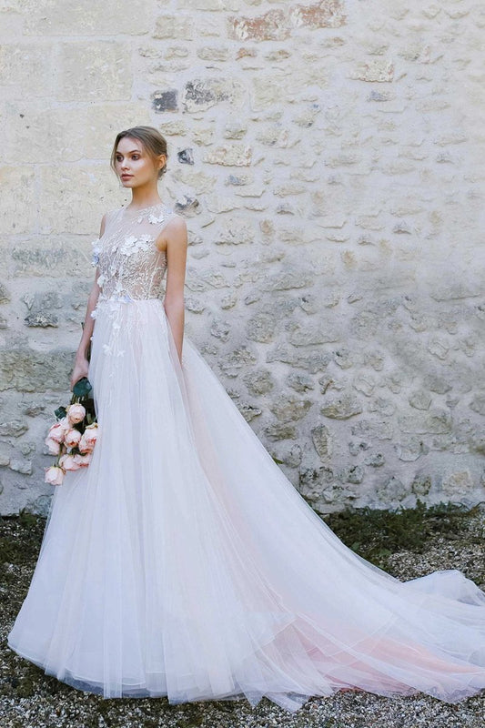 Jewel-Neck Sleeveless A-line Tulle Pleated Dresses with Appliques And Illusion