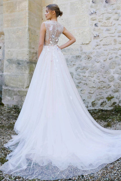Jewel-Neck Sleeveless A-line Tulle Pleated Dresses with Appliques And Illusion