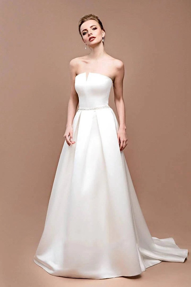 Jewel Strapless Satin Lace Lace-Up Corset Back Wedding Dresses