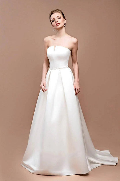 Jewel Strapless Satin Lace Lace-Up Corset Back Wedding Dresses