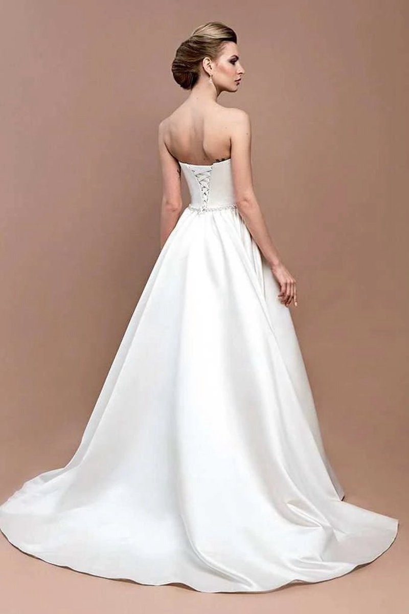 Jewel Strapless Satin Lace Lace-Up Corset Back Wedding Dresses