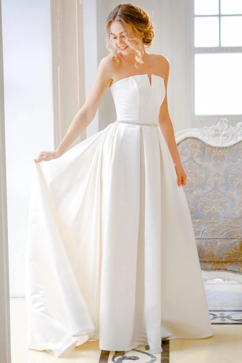Jewel Strapless Satin Lace Lace-Up Corset Back Wedding Dresses