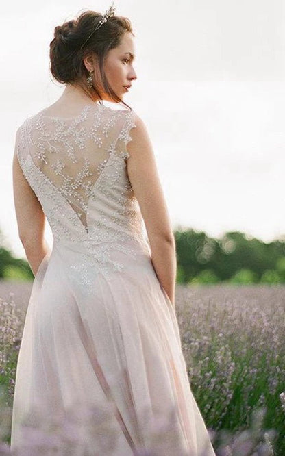 Jewel Neck Sleeveless Long Tulle Wedding Dresses with Beading