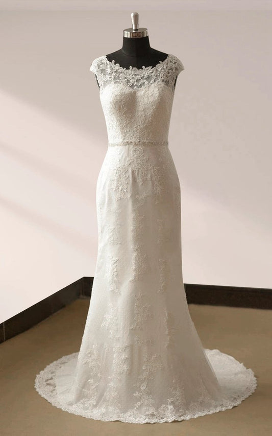 Bateau Neck Cap Sleeve Fit and Flare Lace Wedding Dresses