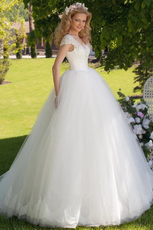 Ball Gown V-Neck Ruched Cap Sleeve Tulle Wedding Dresses