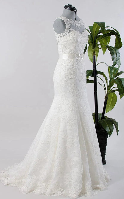 Mermaid Sleeveless Lace Appliques Backless Wedding Dresses with Sash