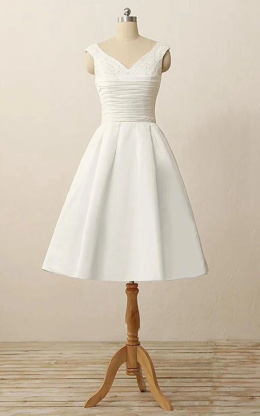 Short V-Neck Pleats Beading Appliques Zipper Satin Wedding Dresses