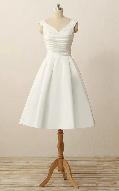 Short V-Neck Pleats Beading Appliques Zipper Satin Wedding Dresses
