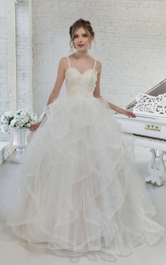 Tulle Ball Gown Ruffled Spaghetti-Straps Sleeveless Wedding Dresses with Appliques