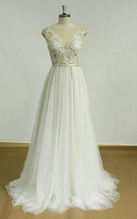 Illusion Deep V-Neck Open Back Tulle Lace Appliques Wedding Dresses with Sweep Train