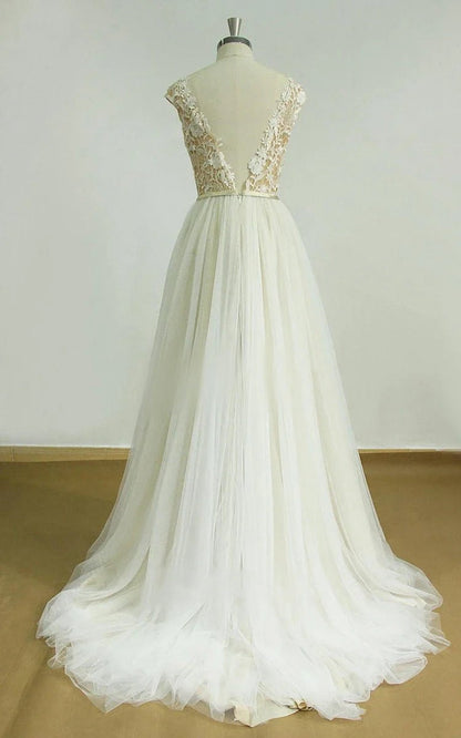 Illusion Deep V-Neck Open Back Tulle Lace Appliques Wedding Dresses with Sweep Train