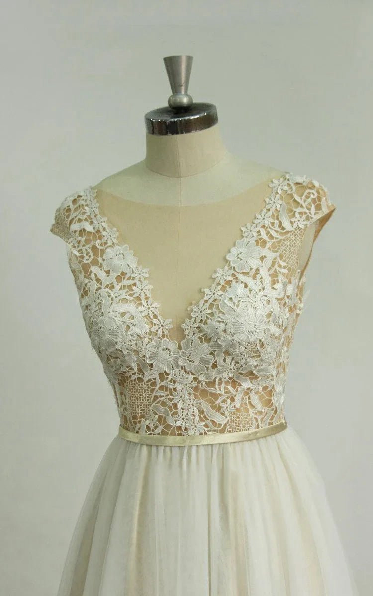 Illusion Deep V-Neck Open Back Tulle Lace Appliques Wedding Dresses with Sweep Train