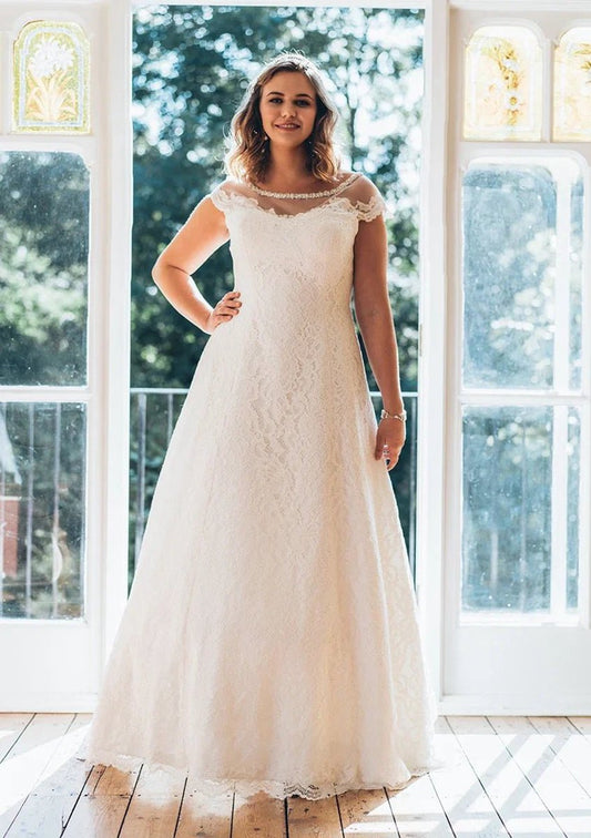 Simple A-line Bateau Neck Short Sleeve Lace Illusion Wedding Dresses