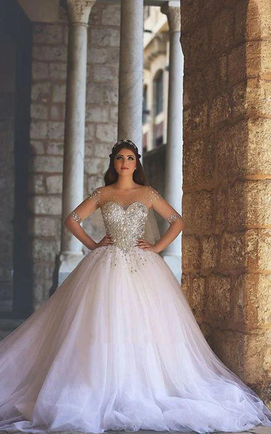 Glamorous Illusion Sweetheart Half Sleeve Tulle Beadings Ball Gown Wedding Dresses