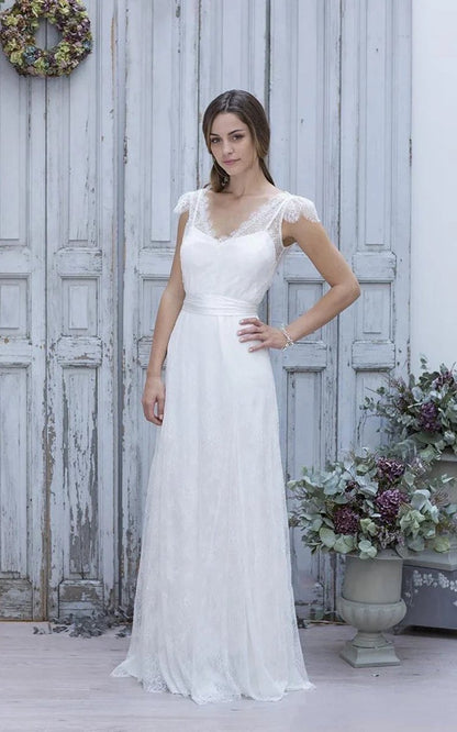 A-line V-Neck Short Cap Sleeves Backless Tulle Lace Wedding Dresses