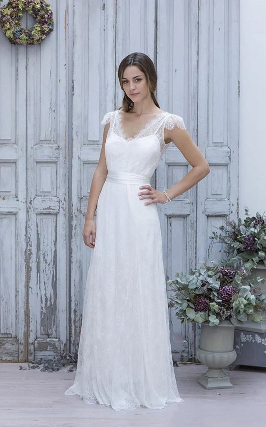 A-line V-Neck Short Cap Sleeves Backless Tulle Lace Wedding Dresses