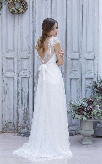 A-line V-Neck Short Cap Sleeves Backless Tulle Lace Wedding Dresses