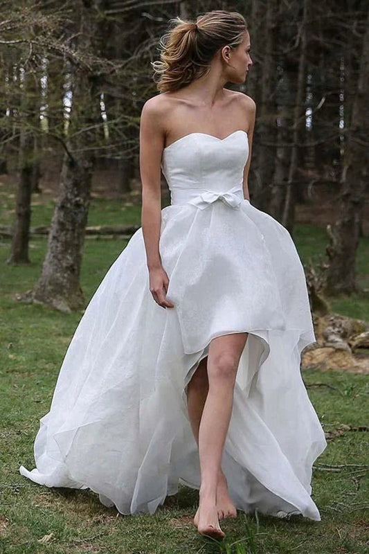 Special High Low Asymmetrical Sweetheart Sleeveless Organza Applique Wedding Dresses