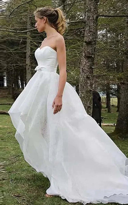 Special High Low Asymmetrical Sweetheart Sleeveless Organza Applique Wedding Dresses