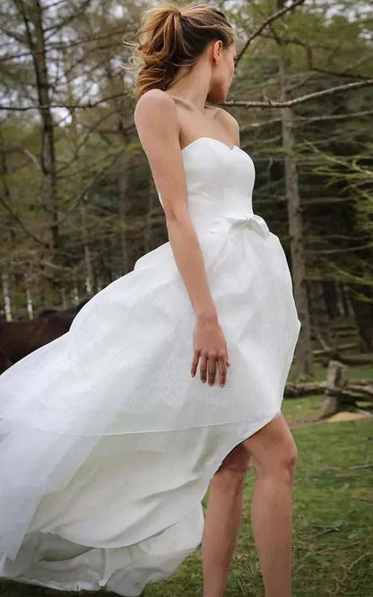 Special High Low Asymmetrical Sweetheart Sleeveless Organza Applique Wedding Dresses