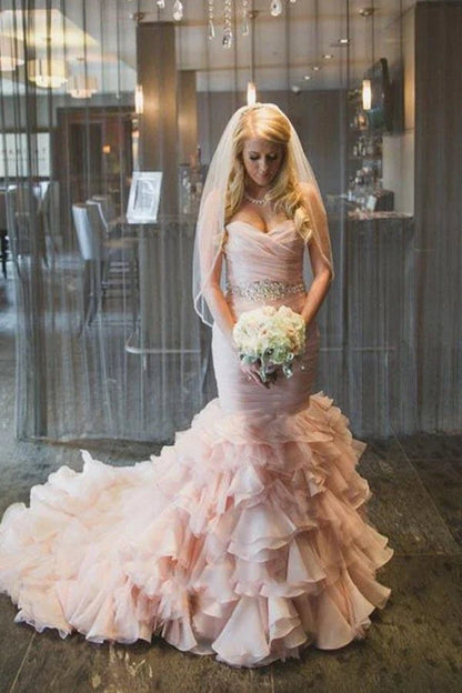Sweetheart Tie Train Organza Mermaid Wedding Dresses with Beading