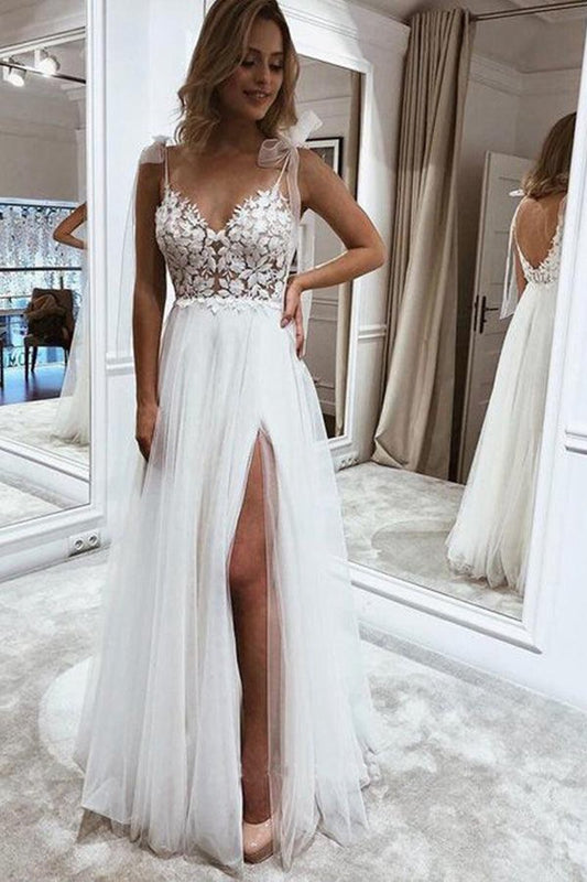 A-line V Neck Straps Tulle Split Wedding Dresses/Bridal Gown with Lace