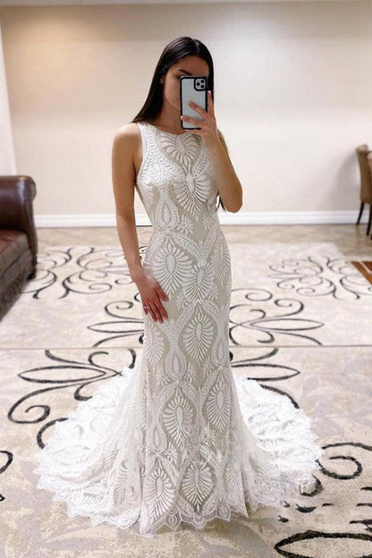 Mermaid Lace Wedding Dresses open Back Bridal Dresses with Court Train