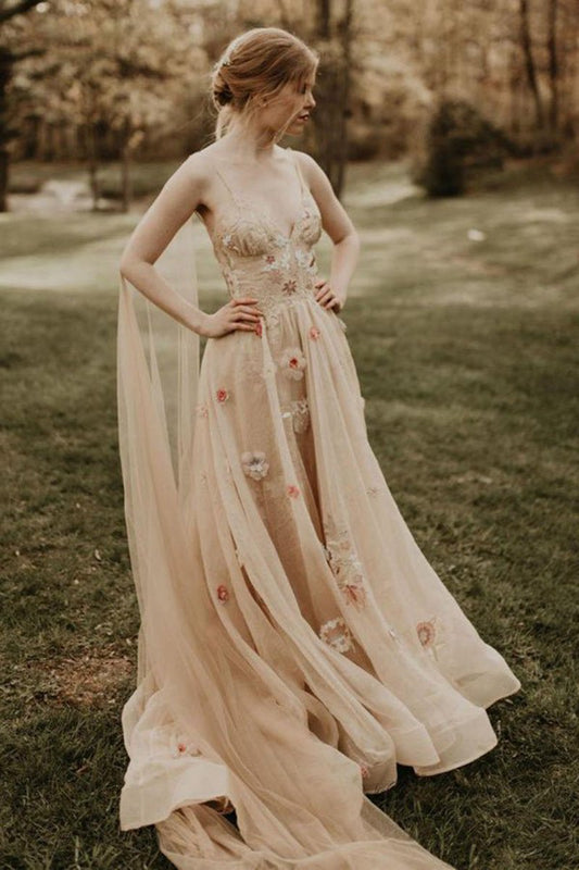 A-line 3D Flower Colorful V Neck Tulle Forest Wedding Dresses