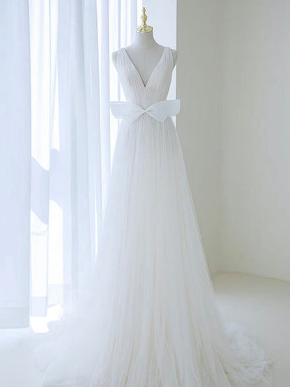 A-line V Neck Tulle Long Wedding Dresses with Bow