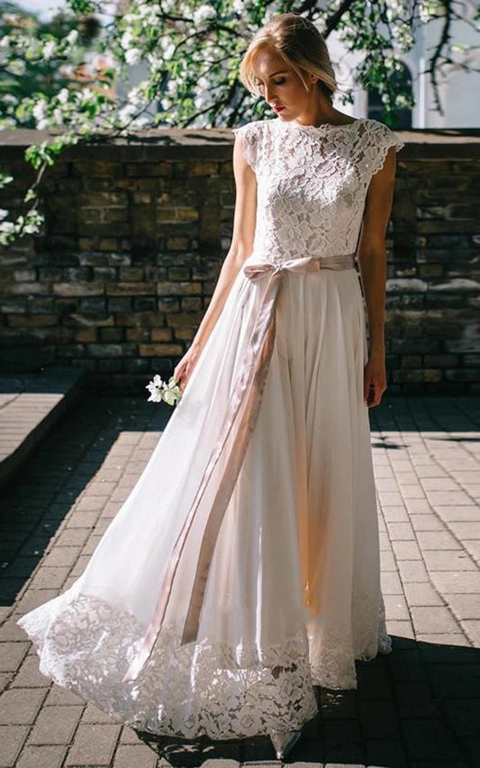 A-line Bateau Chiffon and Lace Floor-length Short Sleeve Wedding Dresses with Ribbon