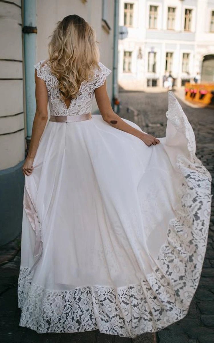 A-line Bateau Chiffon and Lace Floor-length Short Sleeve Wedding Dresses with Ribbon