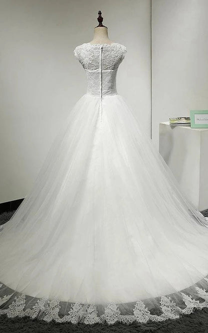 Jewel Neck Cap Sleeve Tulle Ball Gown with Scalloped Hem