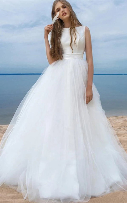 Simple Ball Gown Satin Tulle Bateau Sleeveless Wedding Dresses with Bow and Ribbon