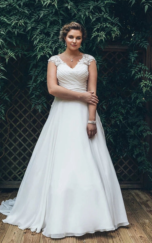 A-line Long V-Neck Cap Chiffon Appliques Criss Cross Court Train Criss cross Dresses