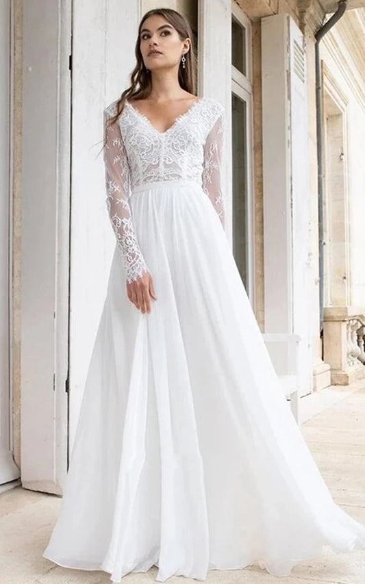 Romantic Modern A-line Floor-length Chiffon Lace V-neck Long Sleeve Wedding Dresses