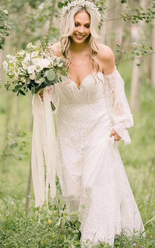 Ethereal Off-the-shoulder A-line Lace Court Train Open Back Wedding Dresses with Ruching