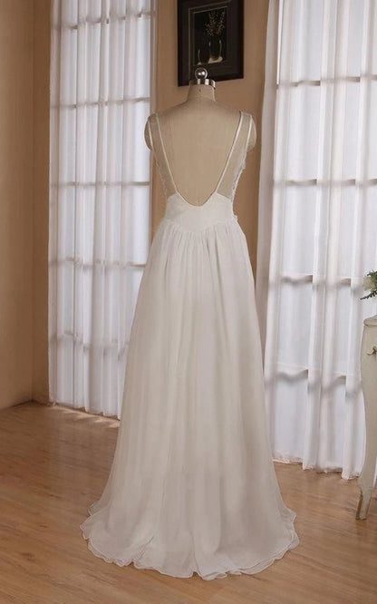 V-Neck Sleeveless Backless Floor-Length Chiffon Wedding Dresses with Sequins