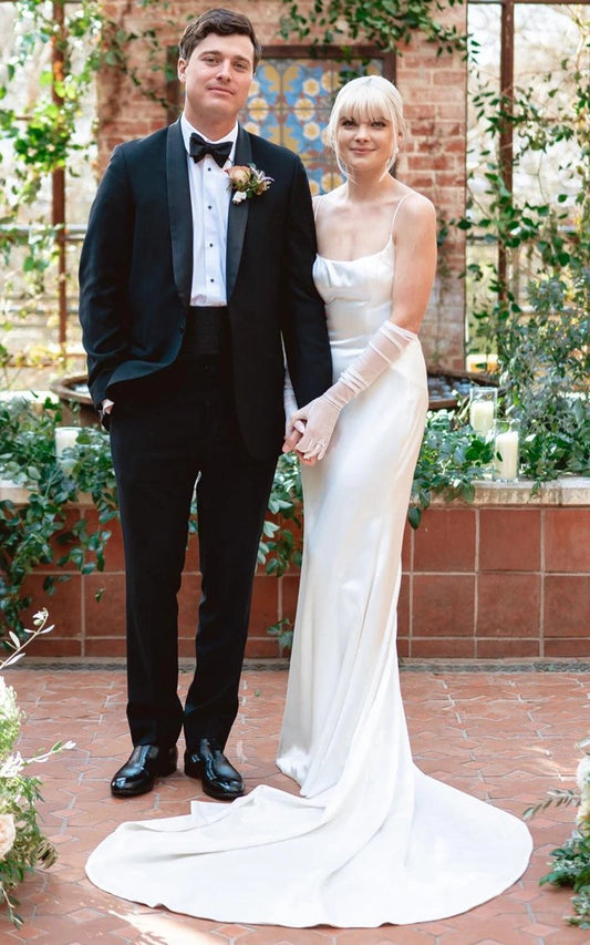 Modern Mermaid Spaghetti Charmeuse Wedding Dresses with Chapel Train And Tie d Back