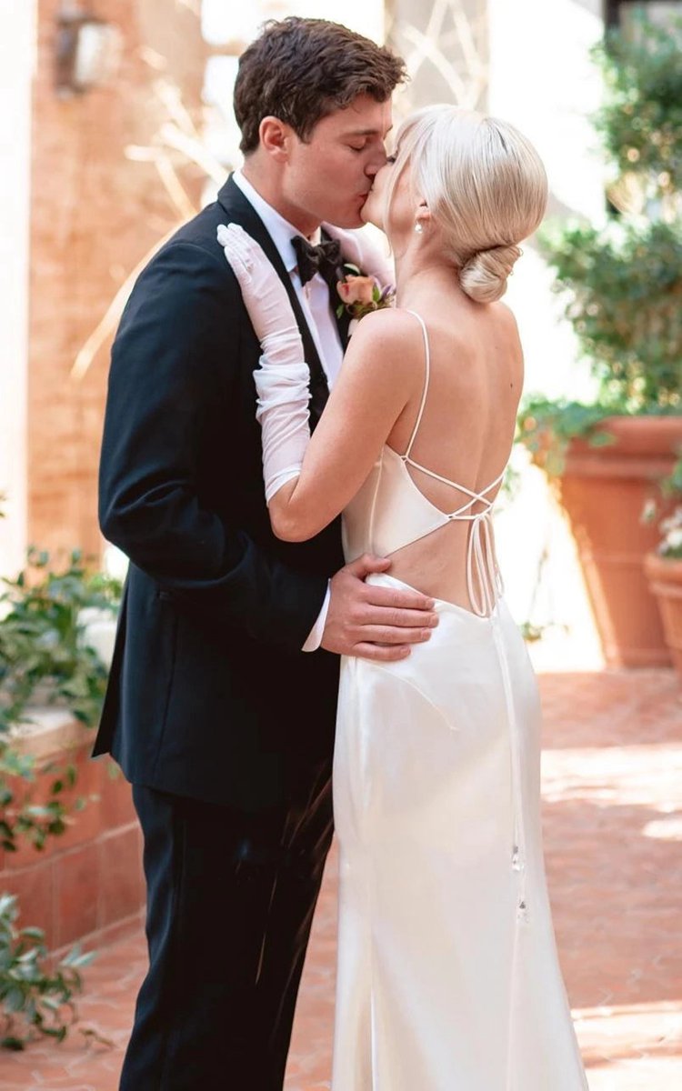 Modern Mermaid Spaghetti Charmeuse Wedding Dresses with Chapel Train And Tie d Back